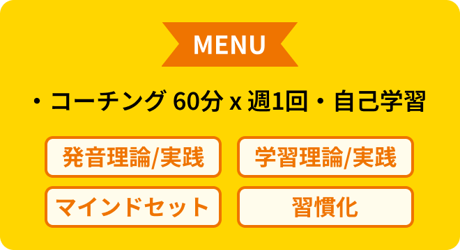 MENU コーチング60分×週1回 自己学習 発音理論/実践 学習理論/実践 マインドセット 習慣化